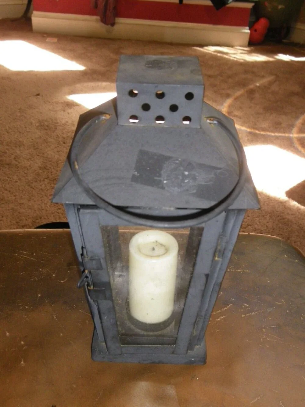 Small Metal & Glass 10” Decorative Square Lantern Nice Patina!